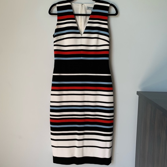 SZ6 MAGGY LONDON SLEEVELESS VNECK LINED SHEATH STRIPED DRESS BLUE BLUE WHITE RED - Picture 1 of 9